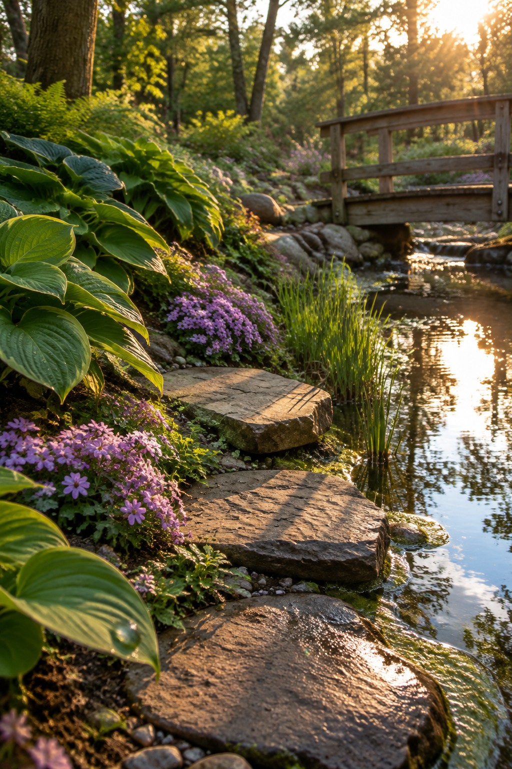 Large flat stepping stones wind beside hostas and purple flowers toward a wooden bridge over a garden stream.