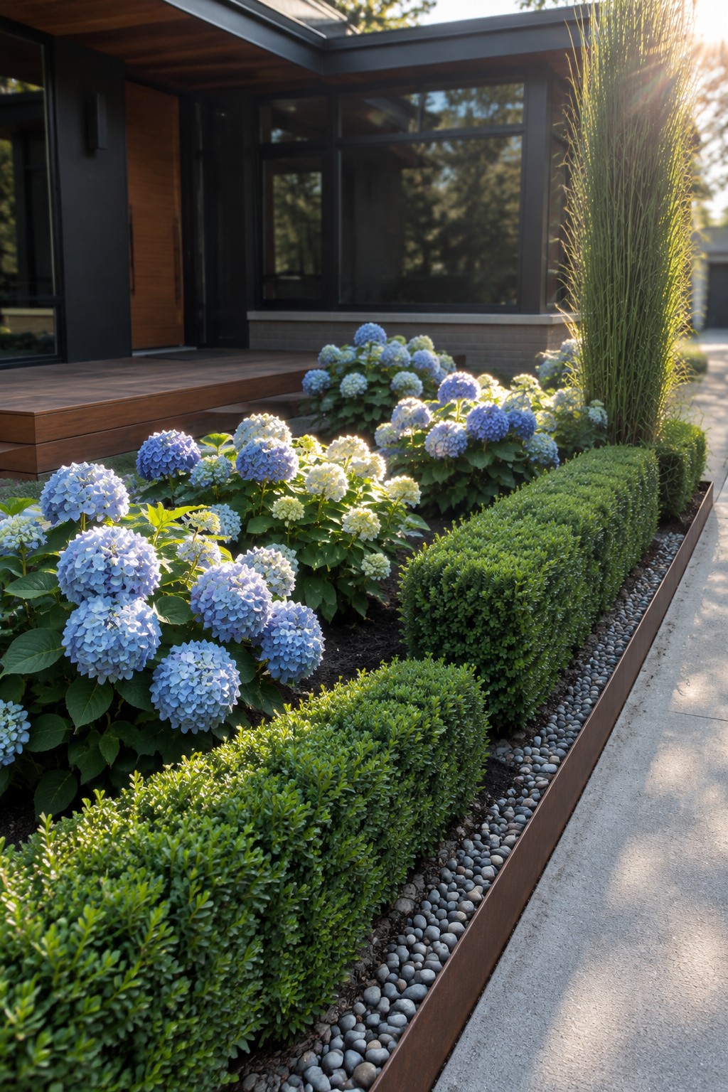 Blue and white hydrangeas grow behind clipped boxwood shrubs in a raised garden bed beside a modern house.