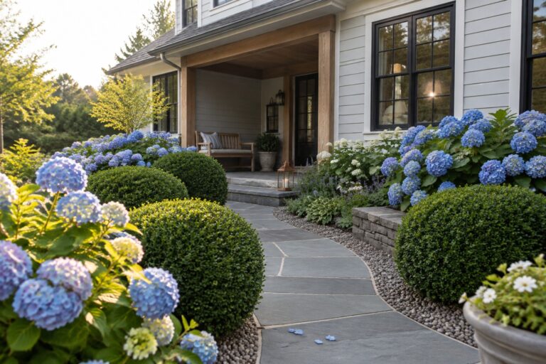 19 Hydrangea and Boxwood Front Yard Landscaping Ideas A curved stone path leads through hydrangeas and clipped boxwood to a covered front porch.