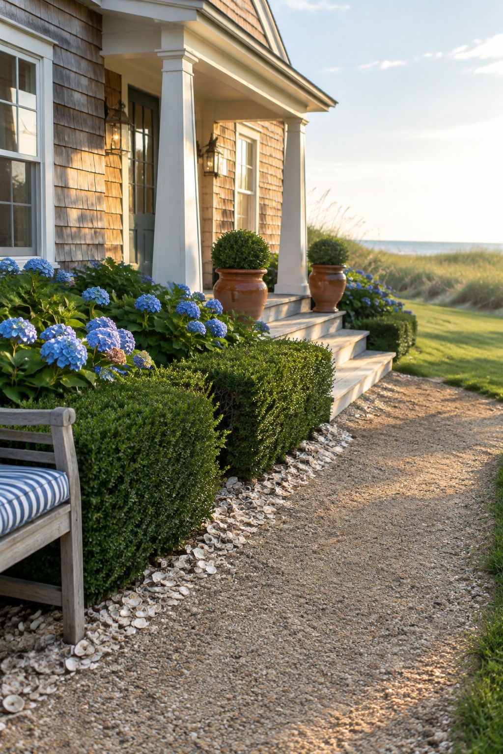 Blue hydrangeas and clipped boxwood shrubs border a gravel path leading to a shingled house with a front porch.