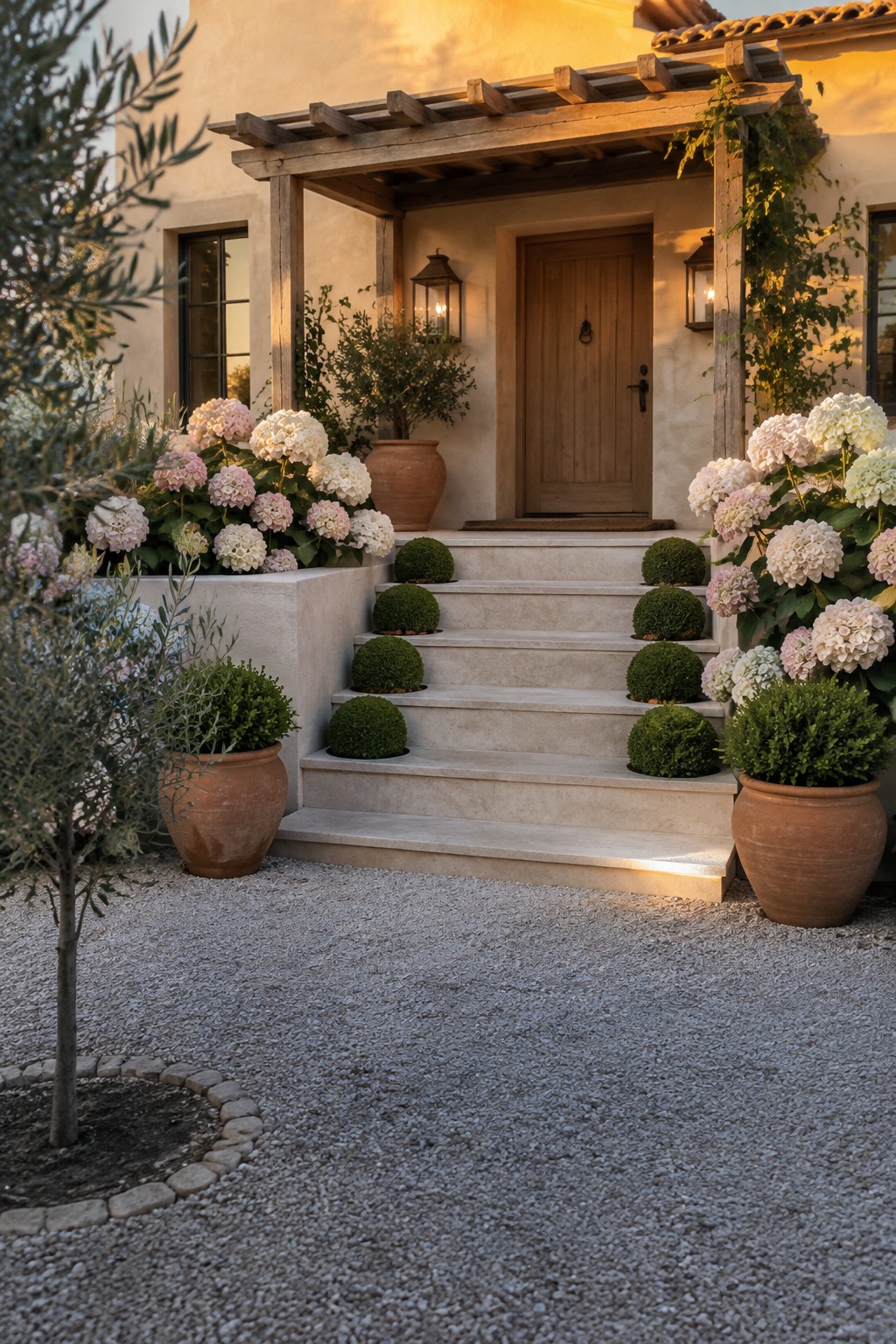 Pale stone steps lead to a wooden front door, with hydrangeas and clipped boxwood planted along the sides.