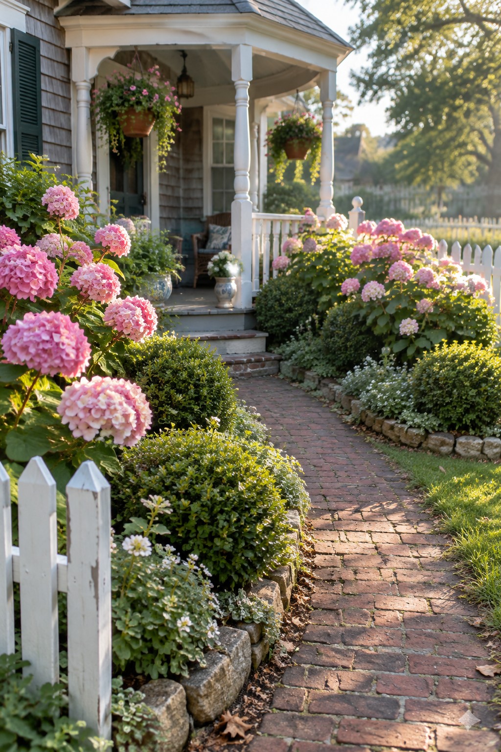 A curved brick path leads through a front garden of pink hydrangeas and green shrubs to a covered porch.