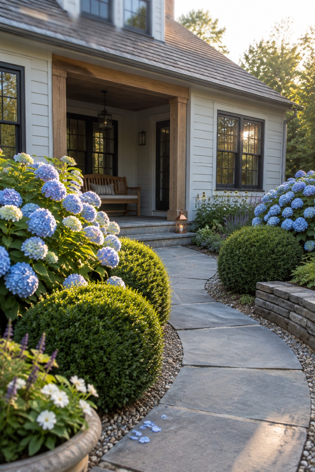 A curved stone path leads through hydrangeas and clipped boxwood to a covered front porch.