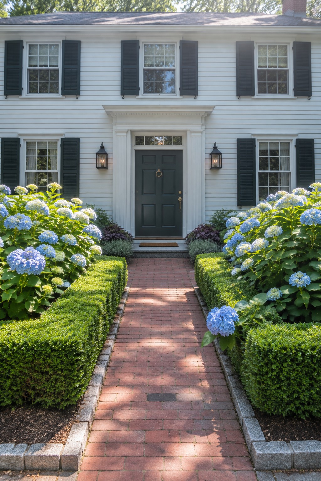 A brick walkway bordered by clipped boxwood and blue hydrangeas leads to the front door of a white house.