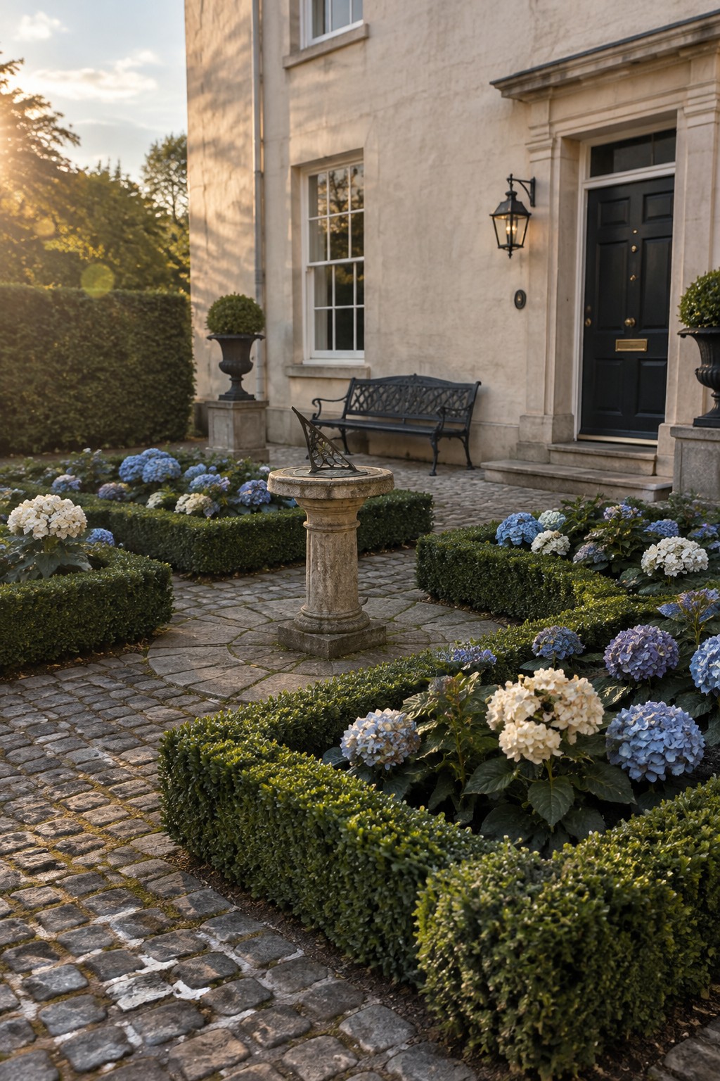 Low boxwood hedges outline cobbled paths and beds of blue and white hydrangeas in front of a stone house.