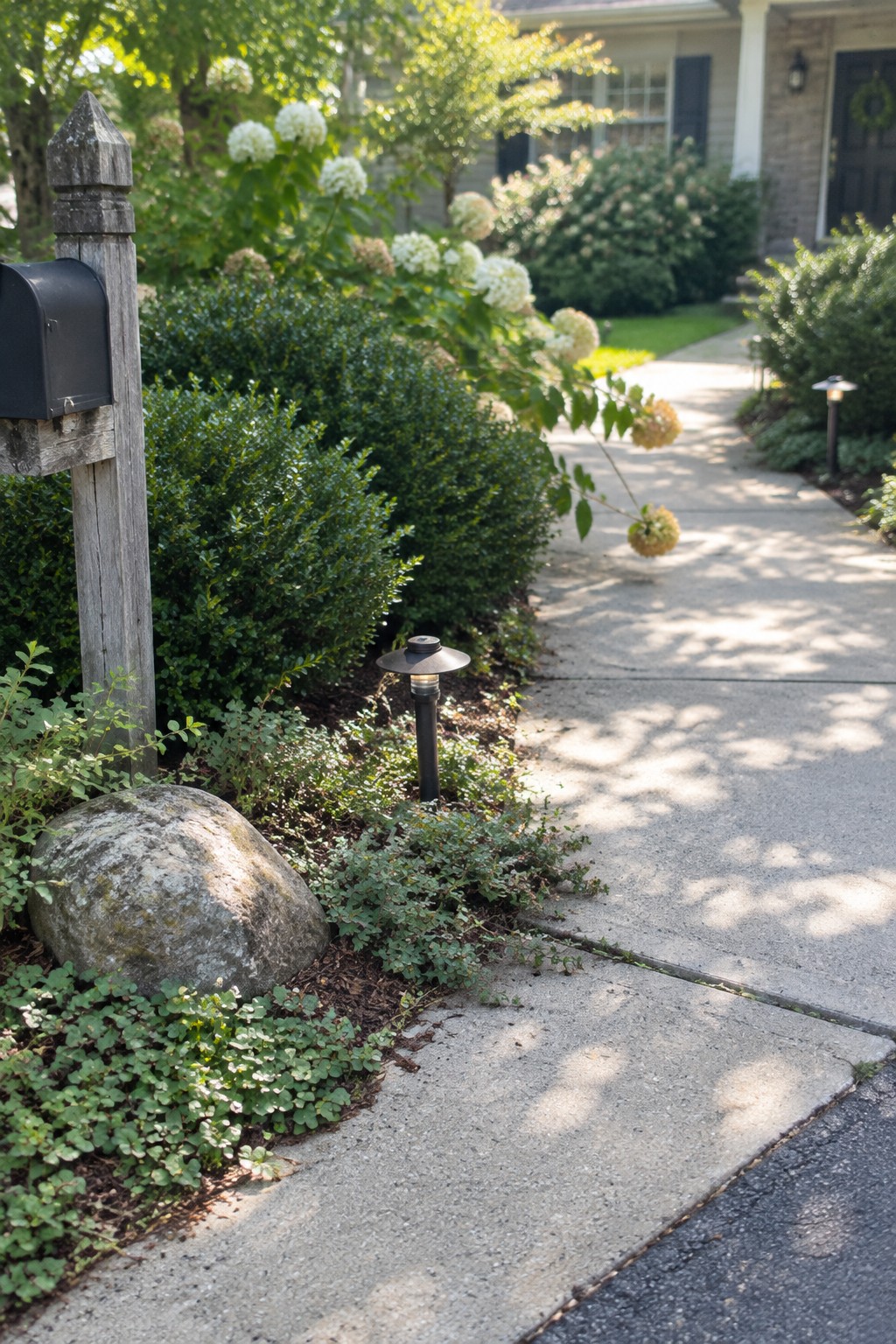 A concrete front walkway passes a mailbox, a large rock, clipped shrubs, white hydrangeas, and low garden lights.