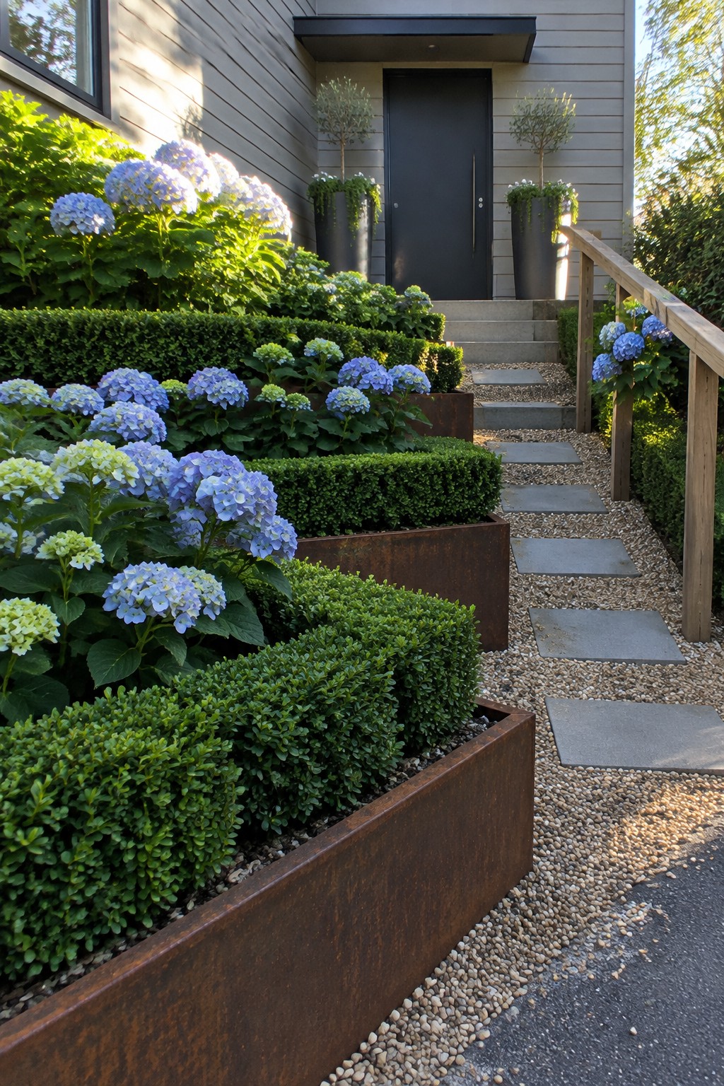 Rust-colored raised beds filled with boxwood and blue hydrangeas border a gravel walkway leading to a front door.