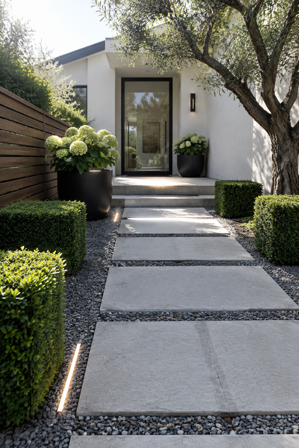 Large rectangular concrete stepping stones cross a gravel front path between clipped shrubs and potted white hydrangeas leading to a modern entrance.