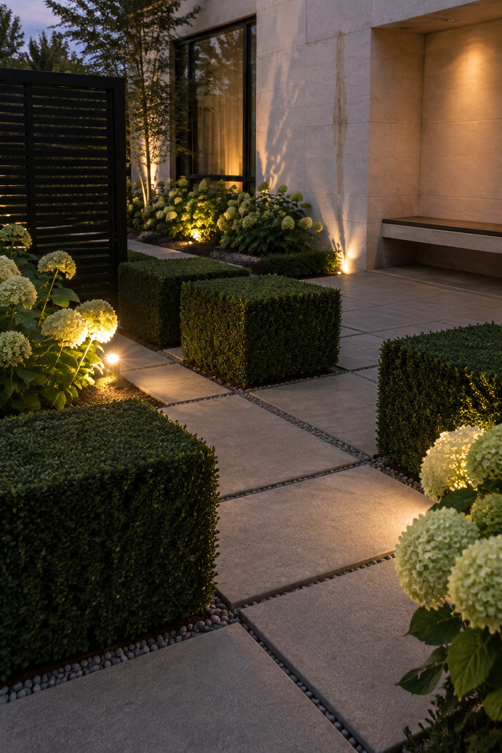 Large stone pavers form a path through clipped boxwood shrubs and white hydrangeas beside a modern stone house.