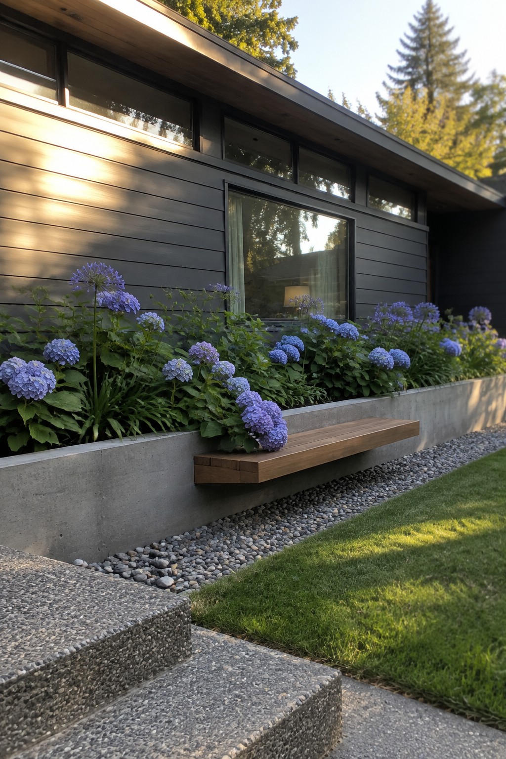 Purple hydrangeas grow in a raised concrete bed beside a dark-sided house, with a wooden bench built into the wall.