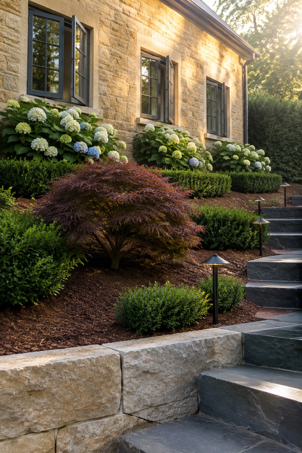 A stone house with hydrangeas, clipped shrubs, a red-leaf Japanese maple, low path lights, and stone steps.
