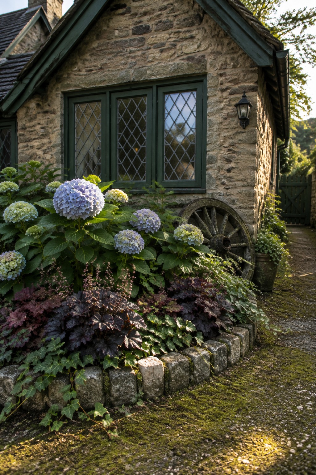 Pale blue and white hydrangeas grow in a stone-edged garden bed beside a cottage wall, with a gravel path and an old wooden wheel nearby.