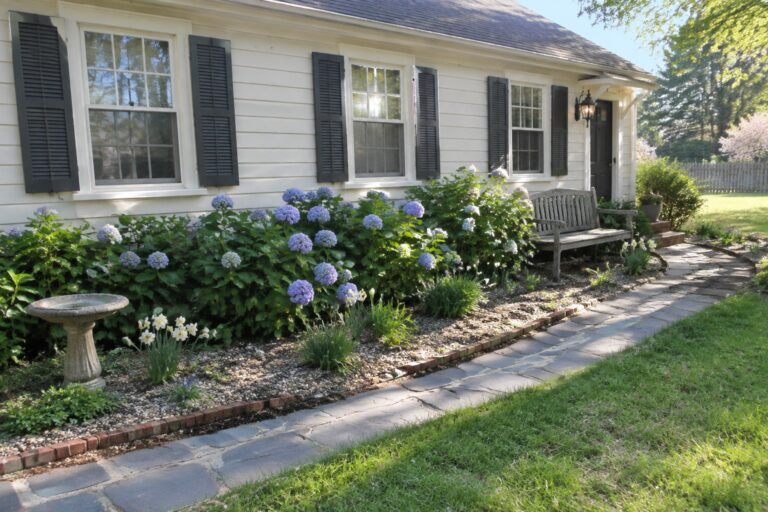 20 Hydrangea Flower Bed Ideas Under Windows Blue and white hydrangeas grow in a long bed beneath the windows of a cream-colored house.