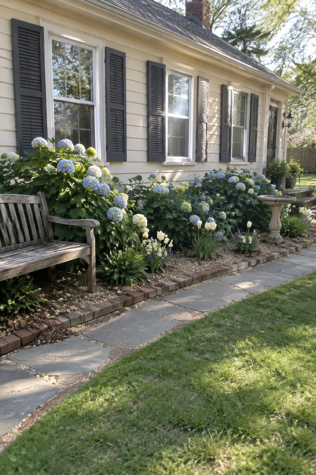 Blue and white hydrangeas grow in a long bed beneath the windows of a cream-colored house.