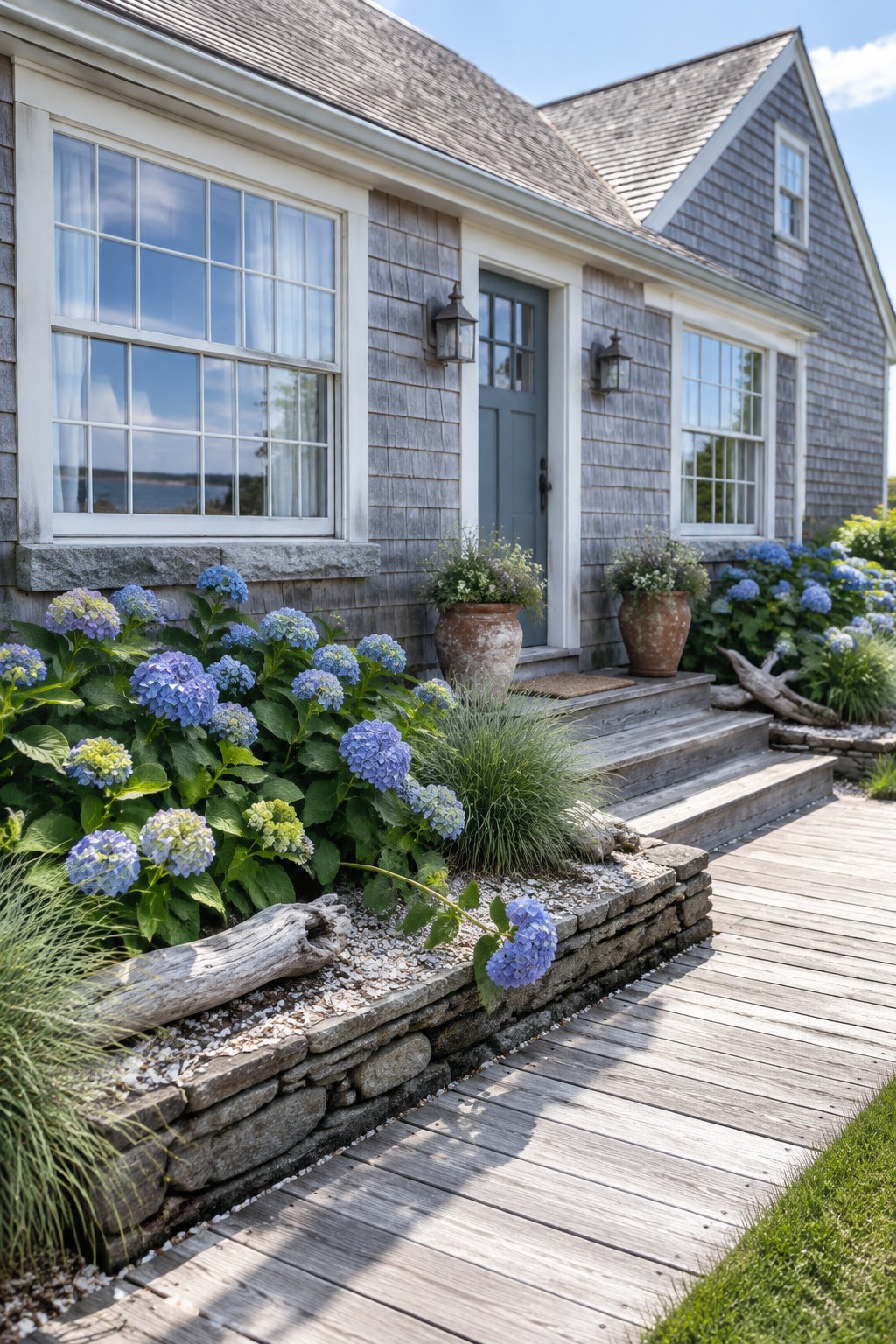 Blue and lavender hydrangeas grow in a raised stone bed beside a wooden walkway leading to a gray shingle house.