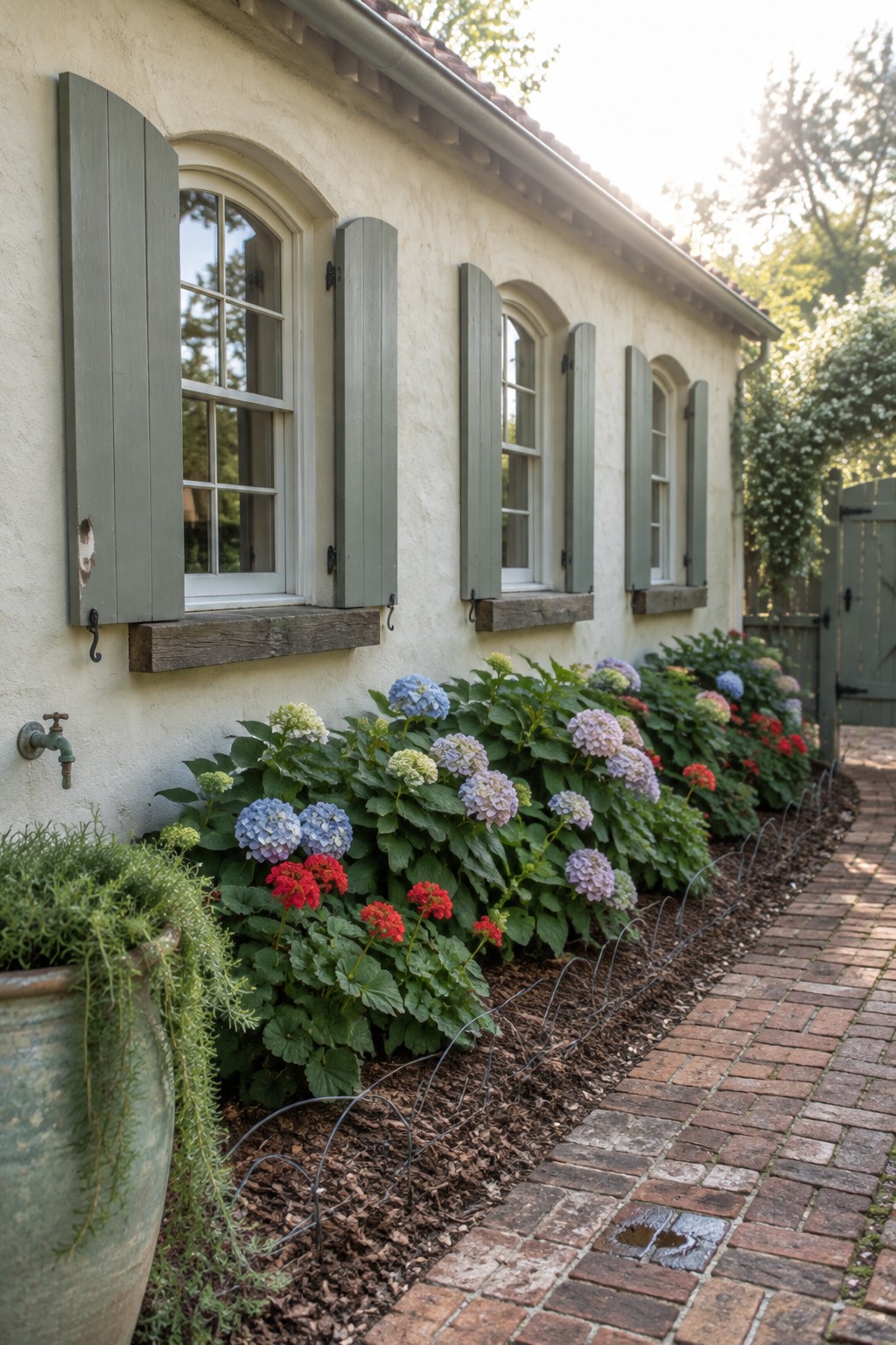 A narrow brick path runs beside a stucco house with arched windows and green shutters, bordered by hydrangeas and other flowering plants.