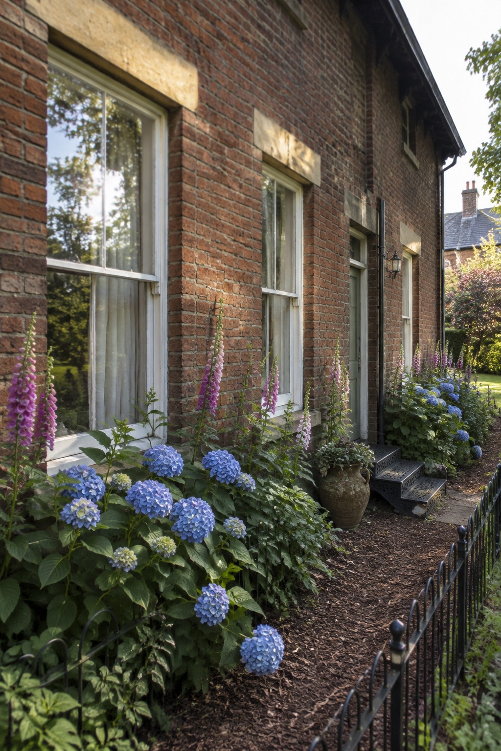 Blue hydrangeas and pink foxgloves grow beside a brick house along a narrow mulch path with a black metal edging fence.
