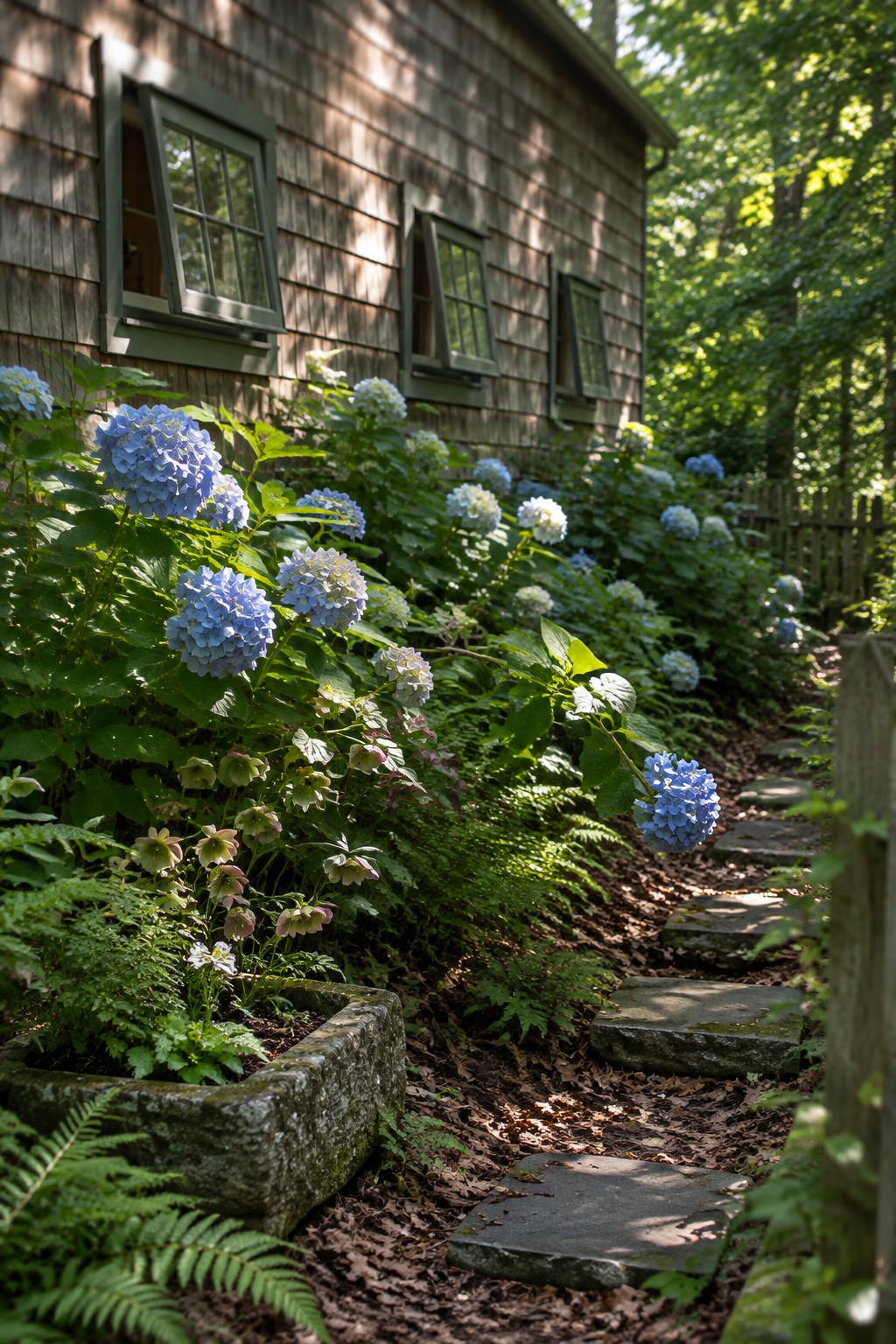 Blue and white hydrangeas grow beside a stepping-stone path along a shingled house.