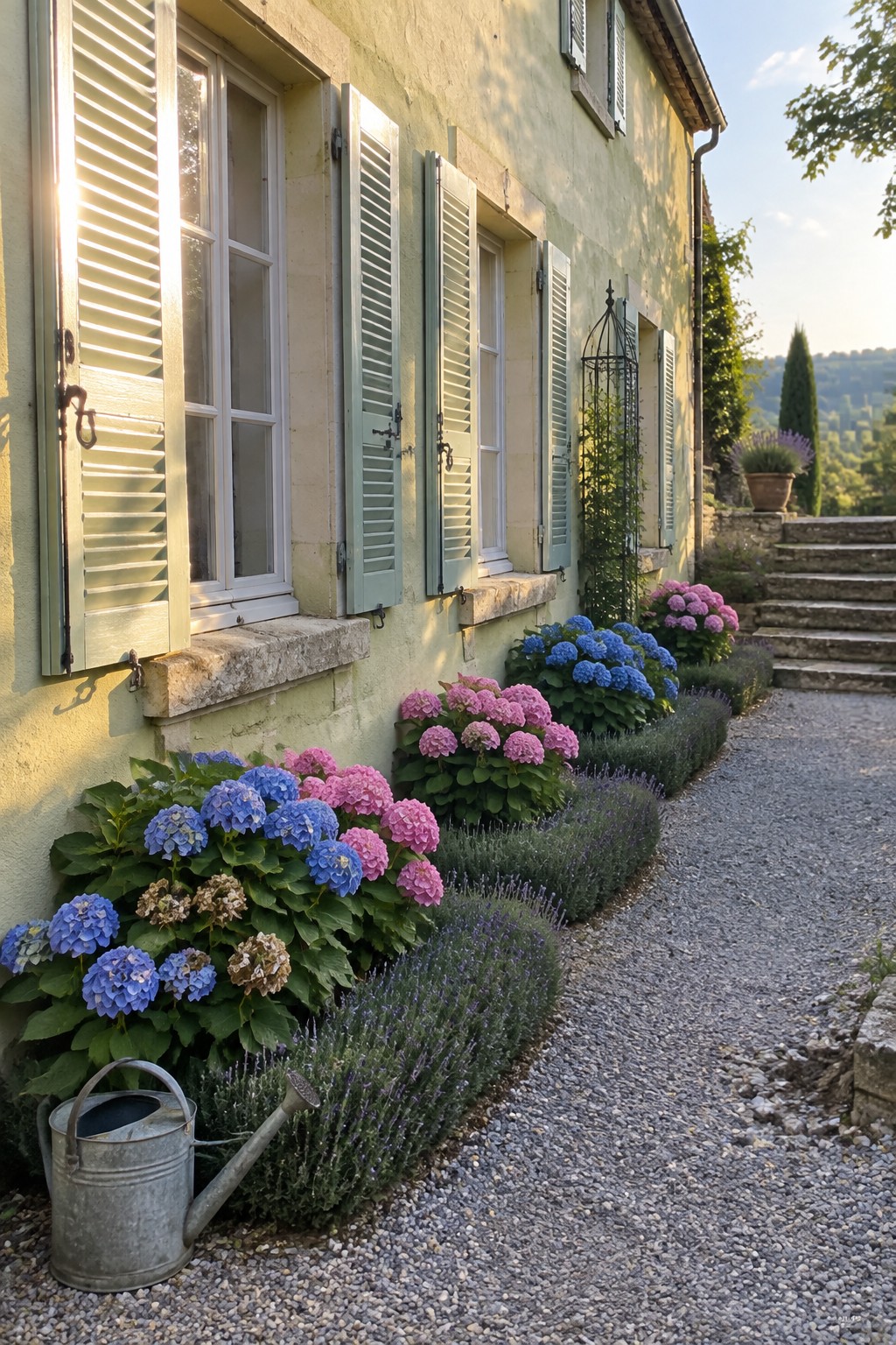 Blue and pink hydrangeas and lavender grow in a long bed beside a pale house with green shutters and a gravel path.