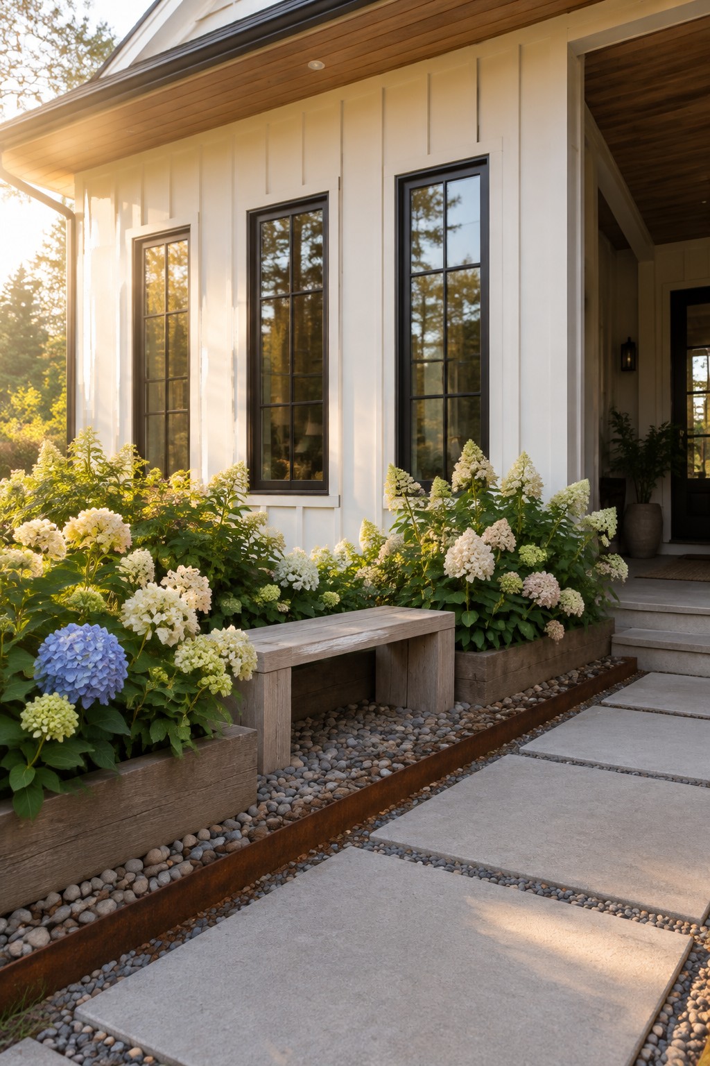 White, green, and blue hydrangeas grow in a raised bed beneath three tall windows beside a stone walkway.