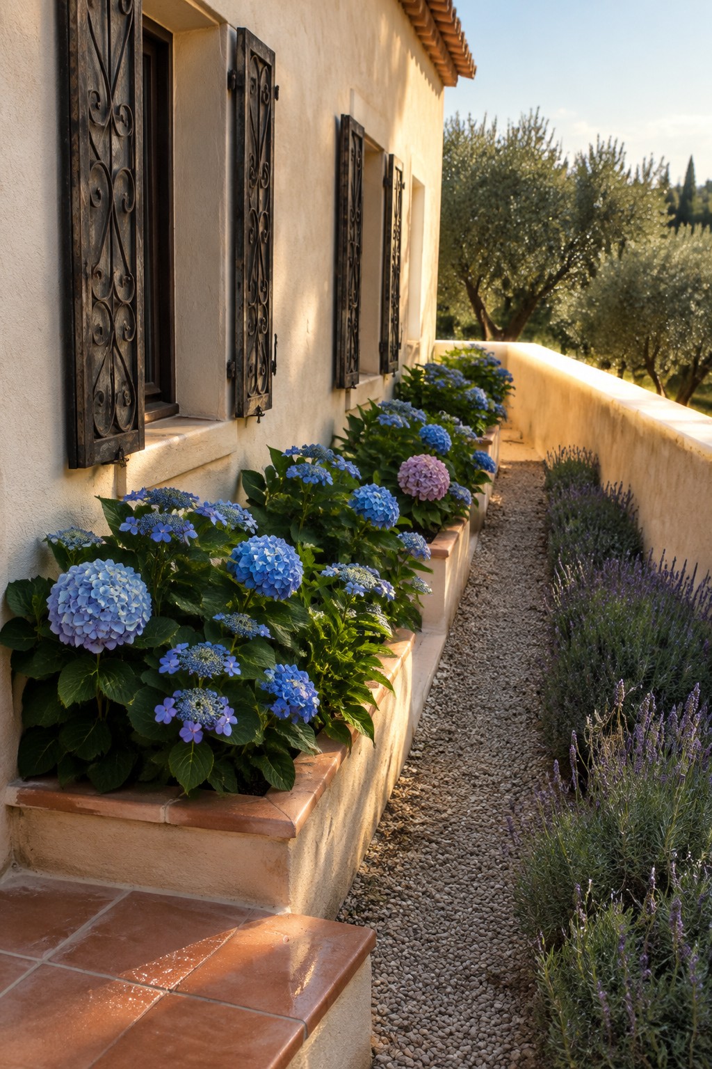 Blue and pink hydrangeas grow in raised beds beside a gravel path along a stucco house.