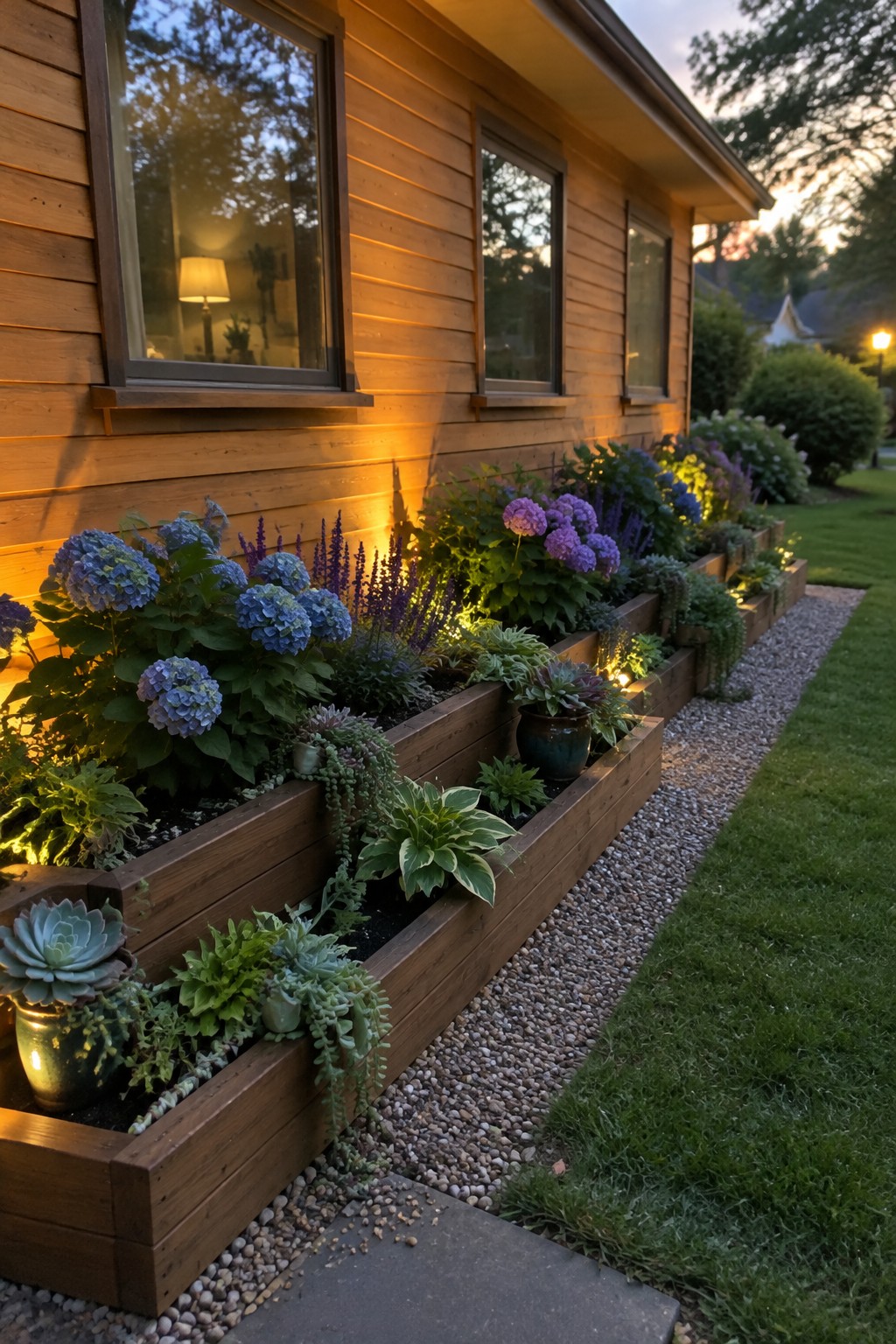 Tiered wooden raised beds filled with blue and pink hydrangeas and other plants beside a wooden house.