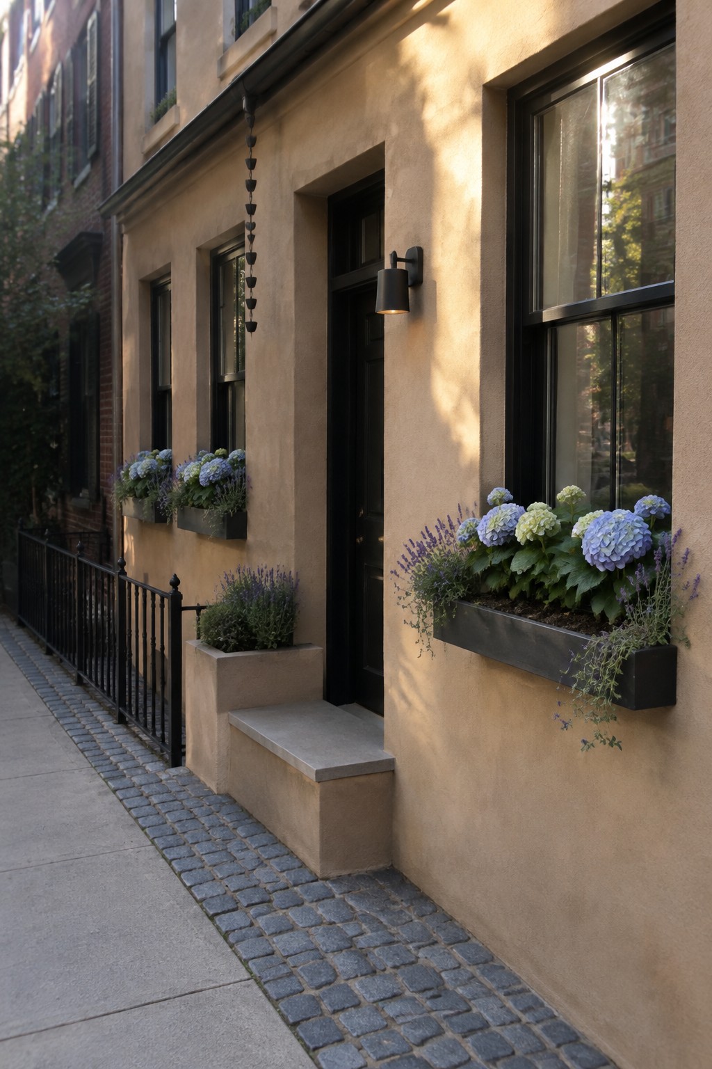 Black window boxes filled with blue and pale green hydrangeas sit beneath the windows of a tan stucco townhouse.