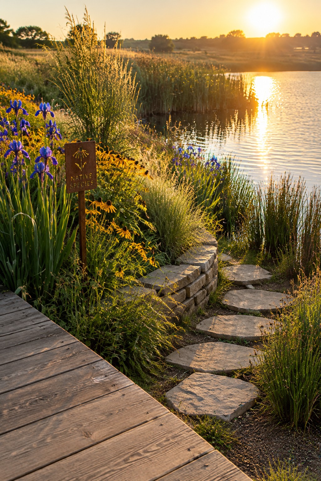 Flat stepping stones wind through iris and other flowering plants beside a pond, with a wooden boardwalk and a native species sign nearby.