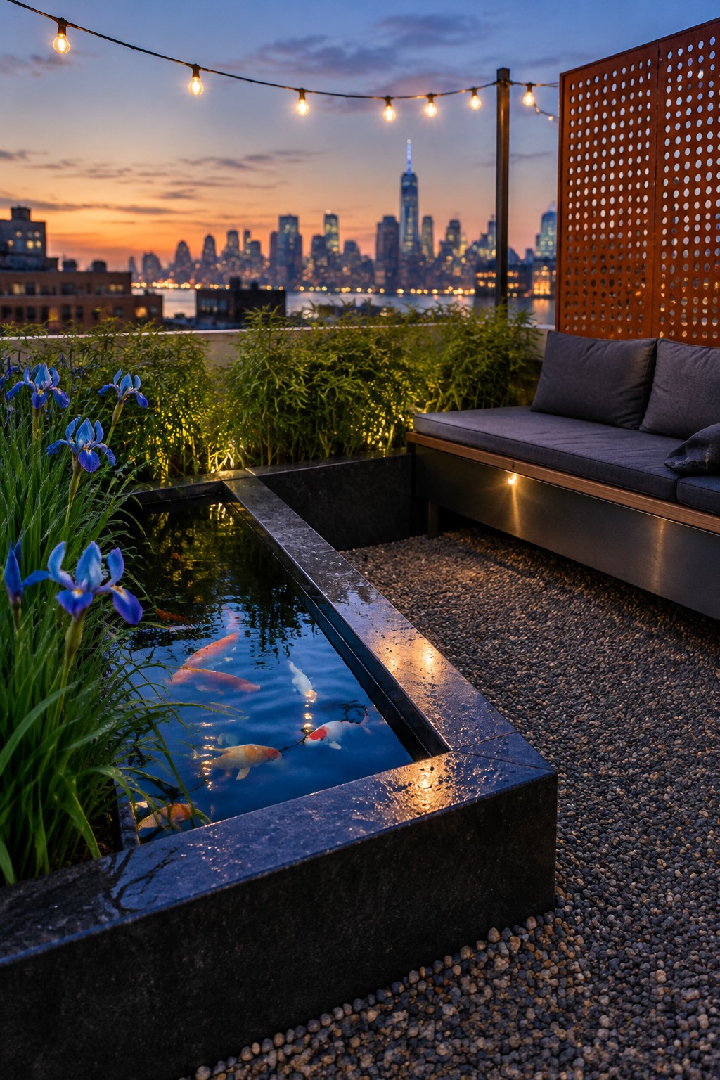 Blue iris flowers and foliage grow beside a rectangular reflecting pond with koi on a rooftop terrace.
