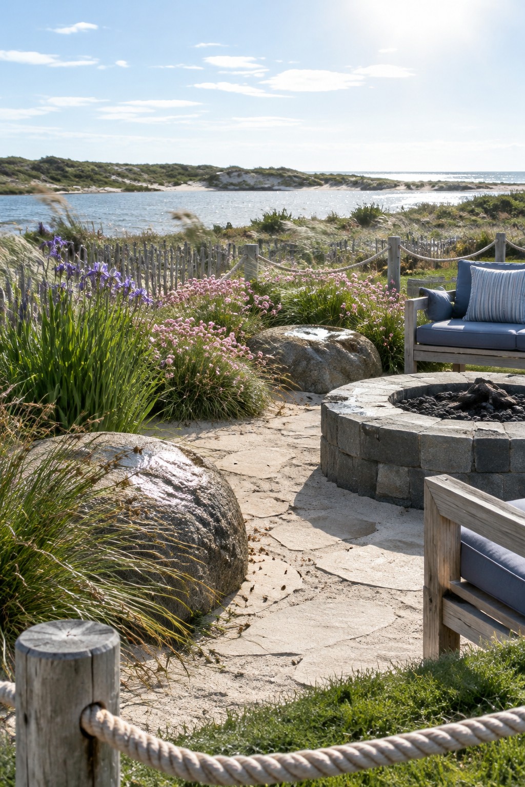 An irregular stone path winds through flowering plants beside a pond, with a stone fire pit and outdoor seating nearby.