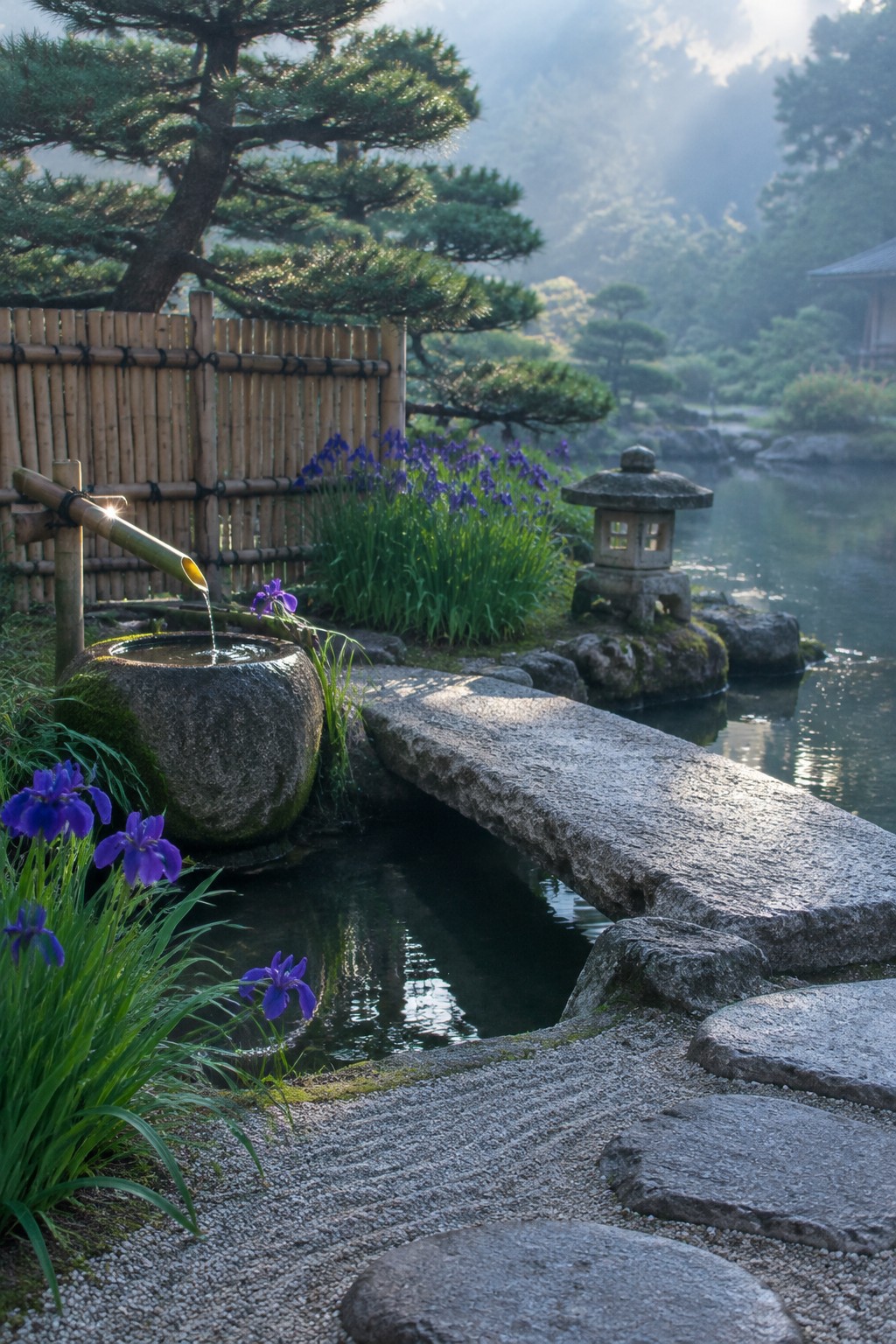 Purple irises grow beside a pond with a bamboo water spout, stone lantern, and stepping stones.