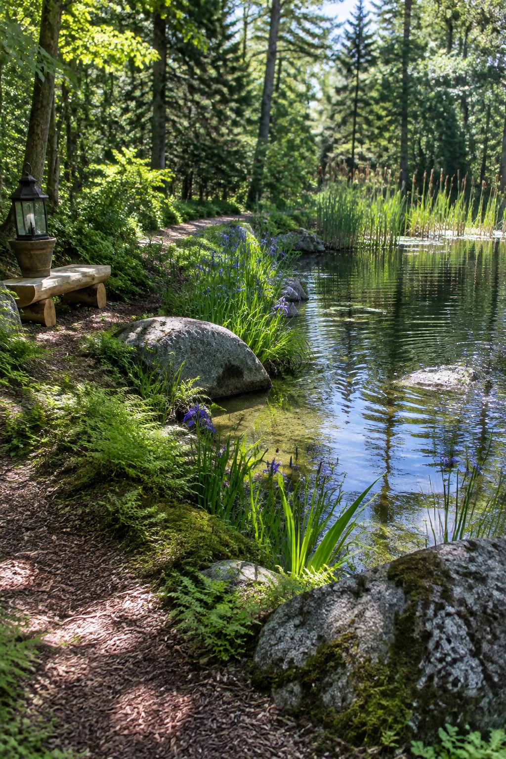 Purple irises grow among rocks beside a pond, with a wooded path and bench nearby.