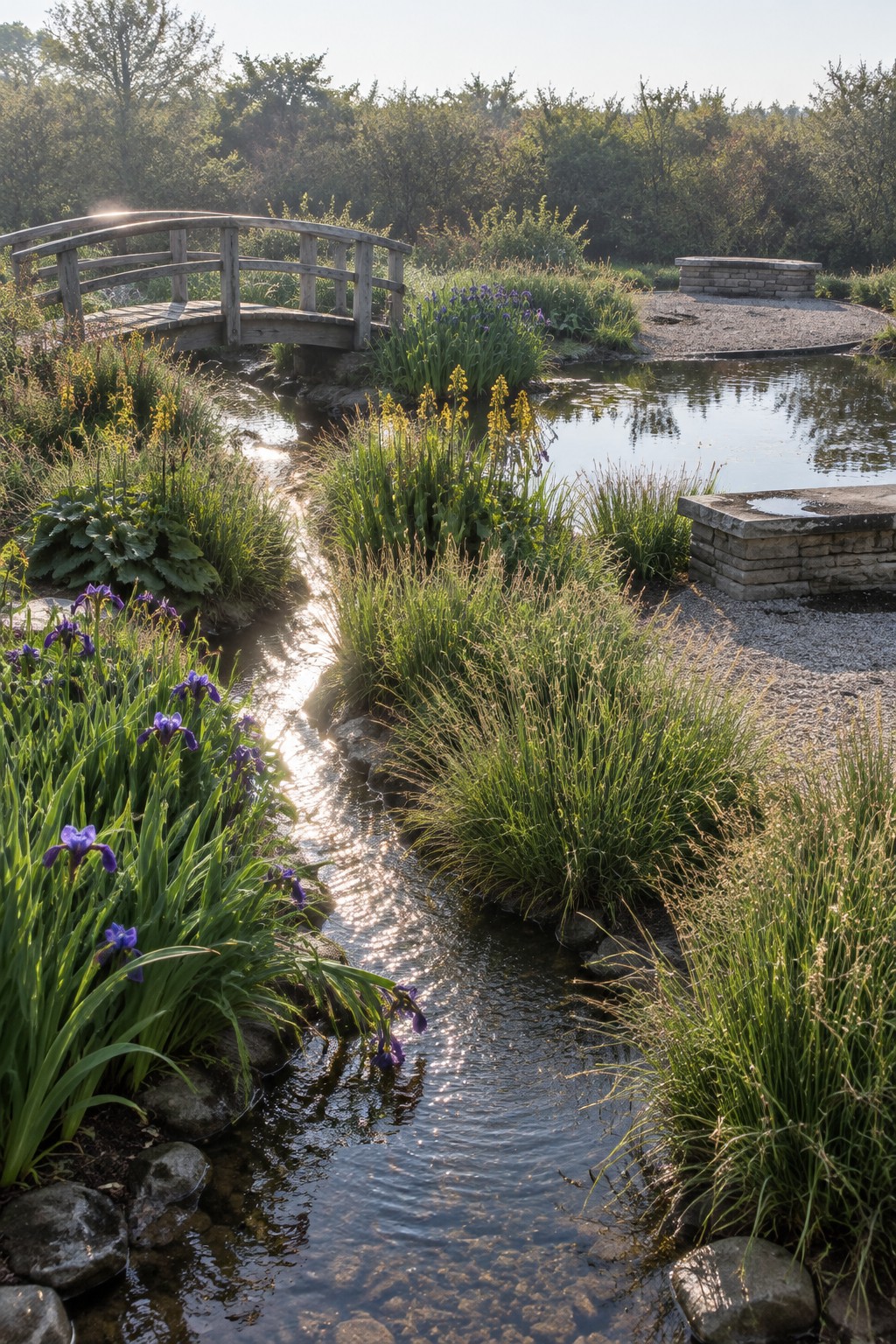 A curved wooden footbridge crosses a pond bordered by purple irises and grasses, with stone walls beside a gravel path.