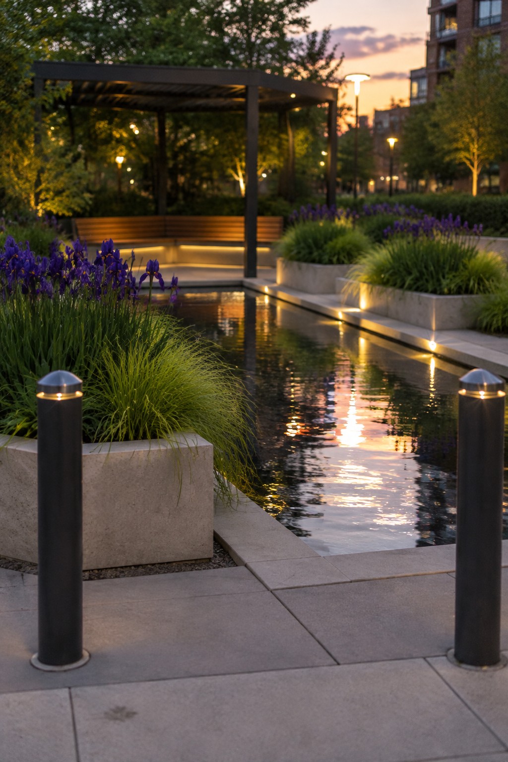 Purple irises and grasses grow beside a narrow reflecting pool in a paved courtyard.