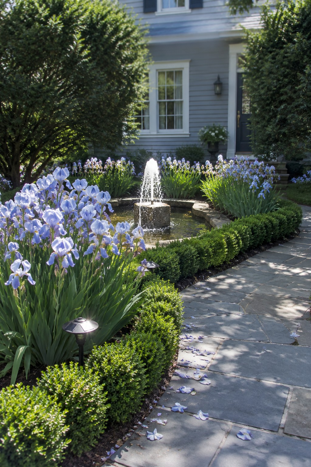 Pale purple irises and clipped hedges border a small stone-edged pond with a fountain beside a paved garden path.