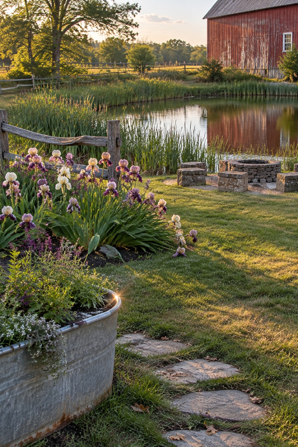 Purple and white irises grow beside a pond, with a rustic fence, stepping stones, and a red barn nearby.