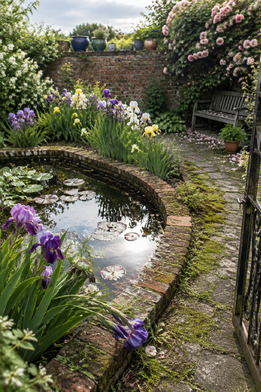 Purple, yellow, and white irises grow beside a curved brick pond with lily pads, a stone path, and a brick garden wall.