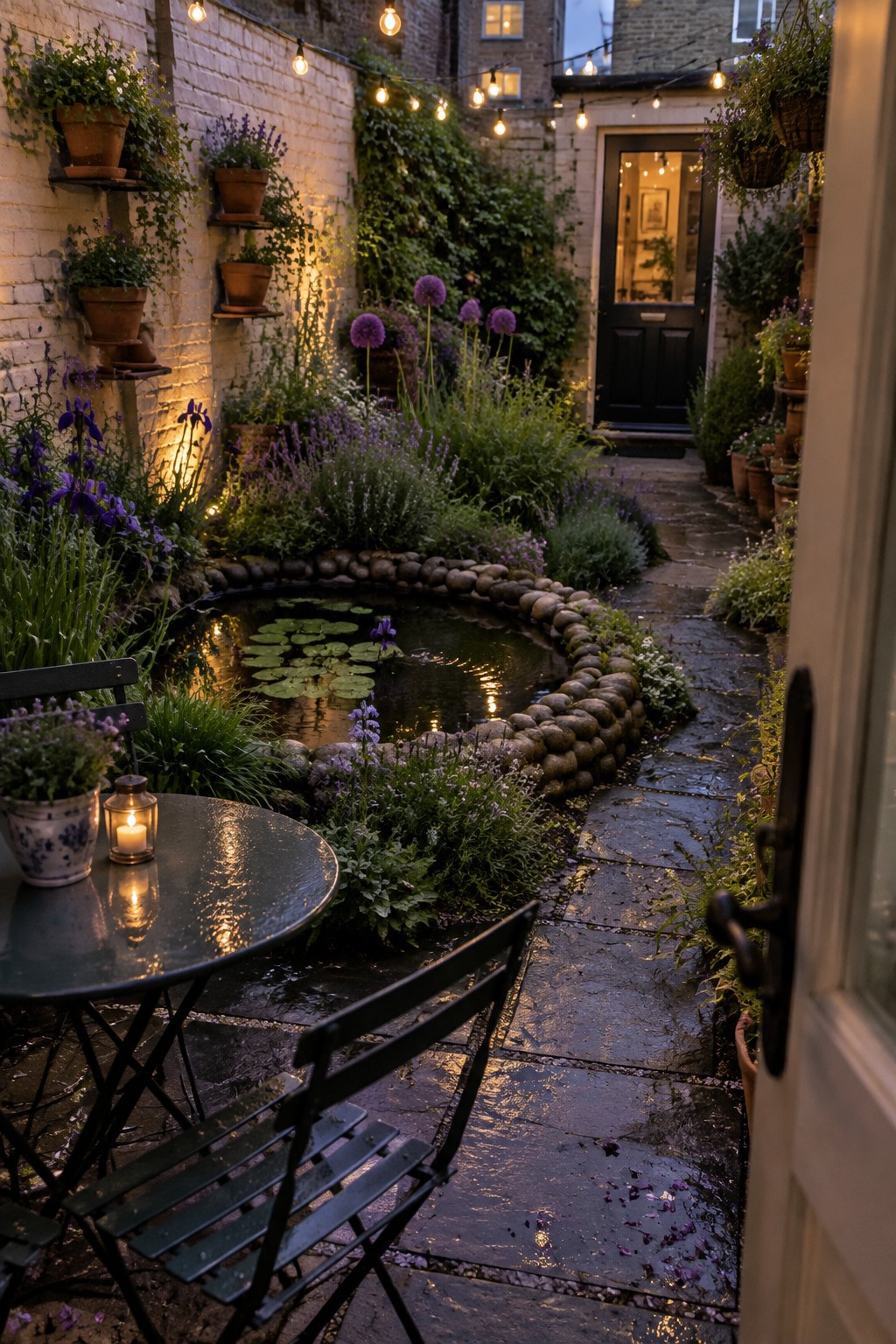 A small pond edged with rounded stones sits beside a stone path, with purple flowers and leafy plants growing around it.
