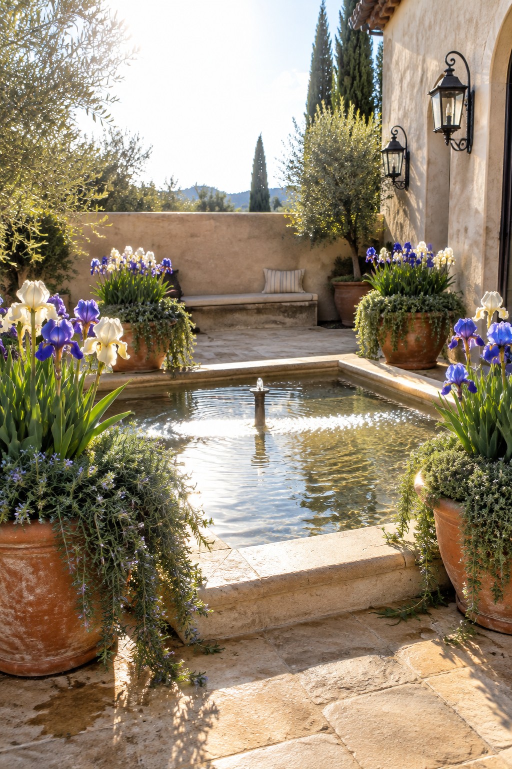 Purple and white irises in terracotta pots surround a small stone pond with a central fountain.