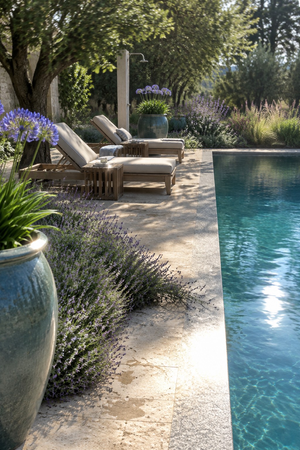 Lavender grows beside a stone pool deck with cushioned wooden loungers and a large ceramic planter.