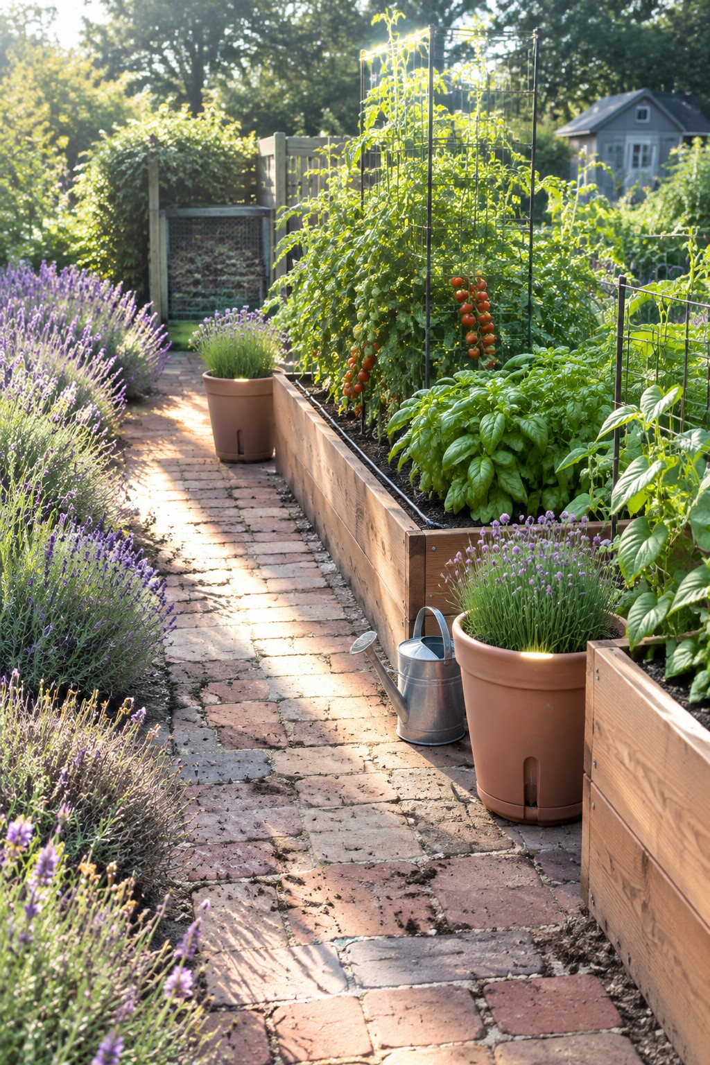 A brick path runs between lavender borders and raised wooden beds filled with vegetables.