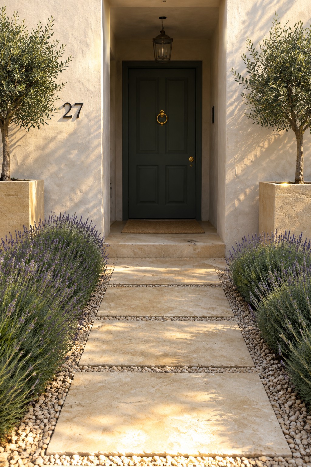 Lavender borders a stone path leading to a dark front door, with olive trees in square planters beside the entry.