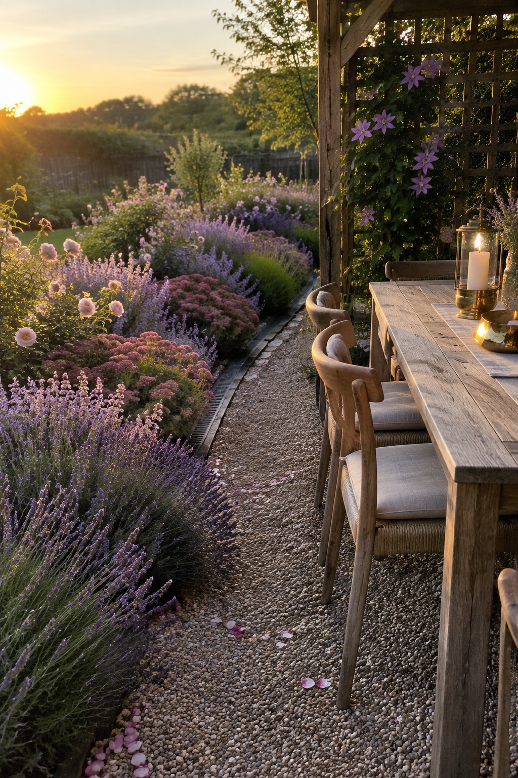 A gravel path runs between a lavender and flower bed and a wooden outdoor dining table beneath a trellis.