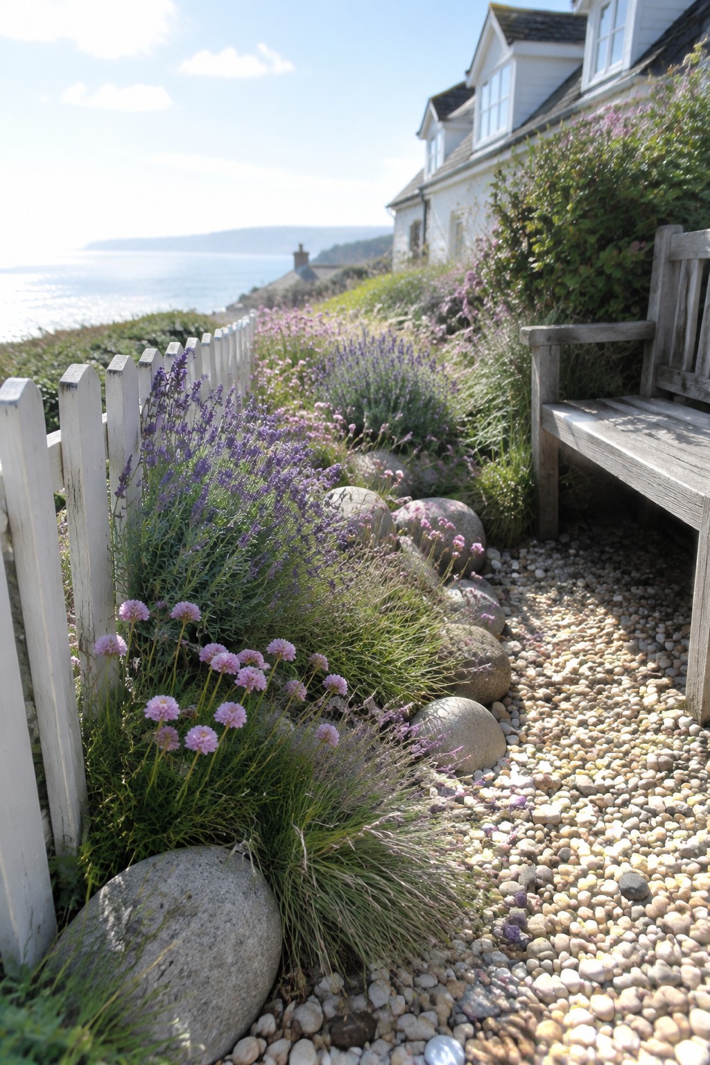 Purple lavender and pink flowers grow beside a pebble path edged with rounded stones and a white picket fence.