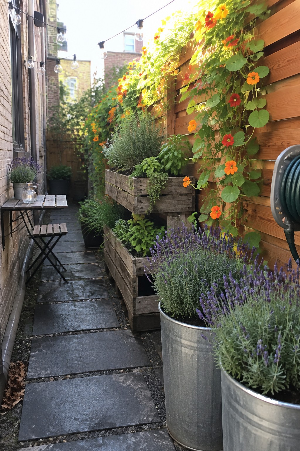 A narrow garden path runs beside wooden raised beds and metal pots filled with lavender, with orange and red flowers growing on a wooden fence.