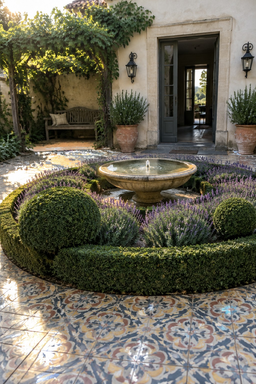 A circular garden bed edged with clipped hedges and filled with purple flowers surrounds a stone fountain in a tiled courtyard.