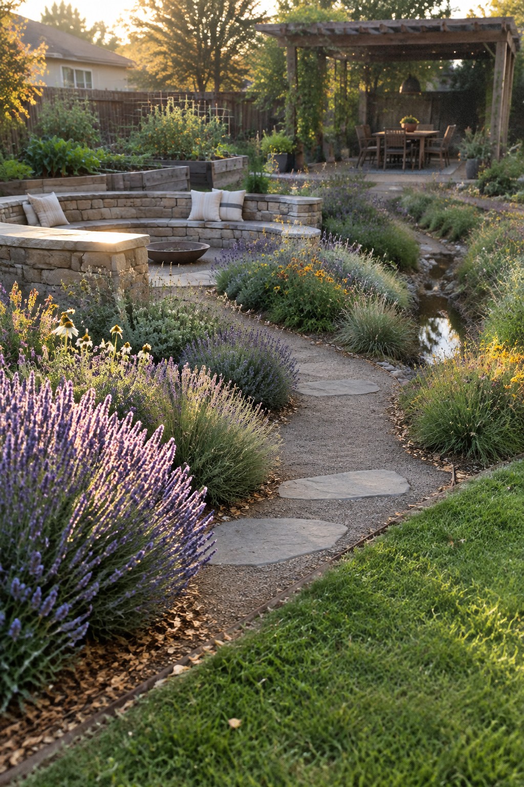 A curving stepping-stone path passes through lavender and other flower beds toward a stone seating area and a pergola.