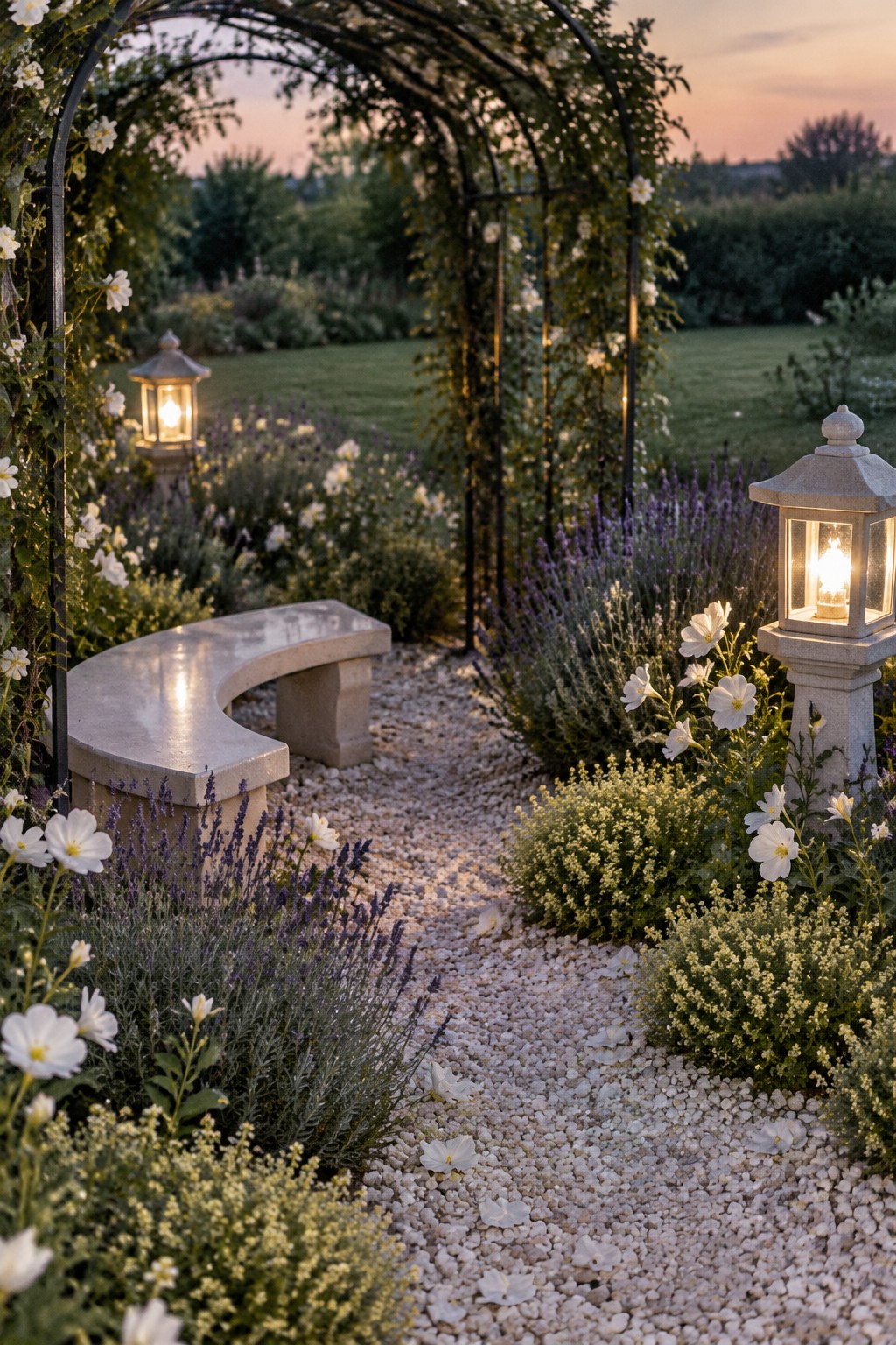 A pale pebble path winds between lavender and white flowers beneath a metal garden arch, with a curved stone bench and lanterns nearby.
