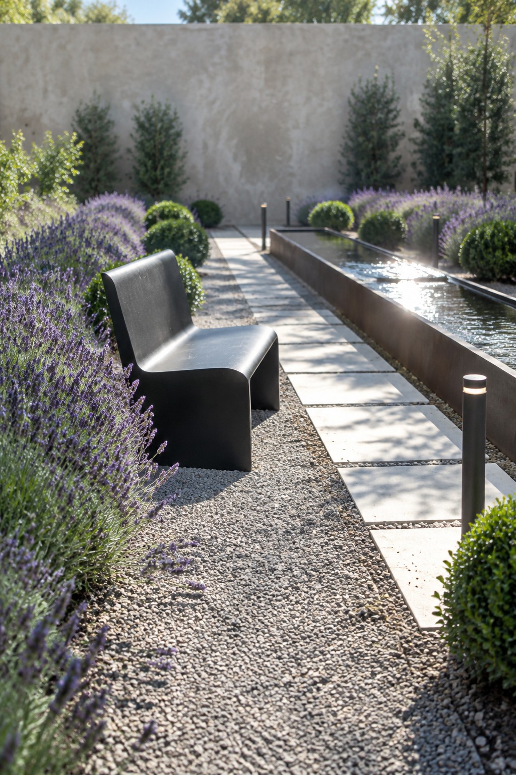 Pale stepping stones form a straight garden path beside lavender beds, gravel, a dark bench, and a long water trough.