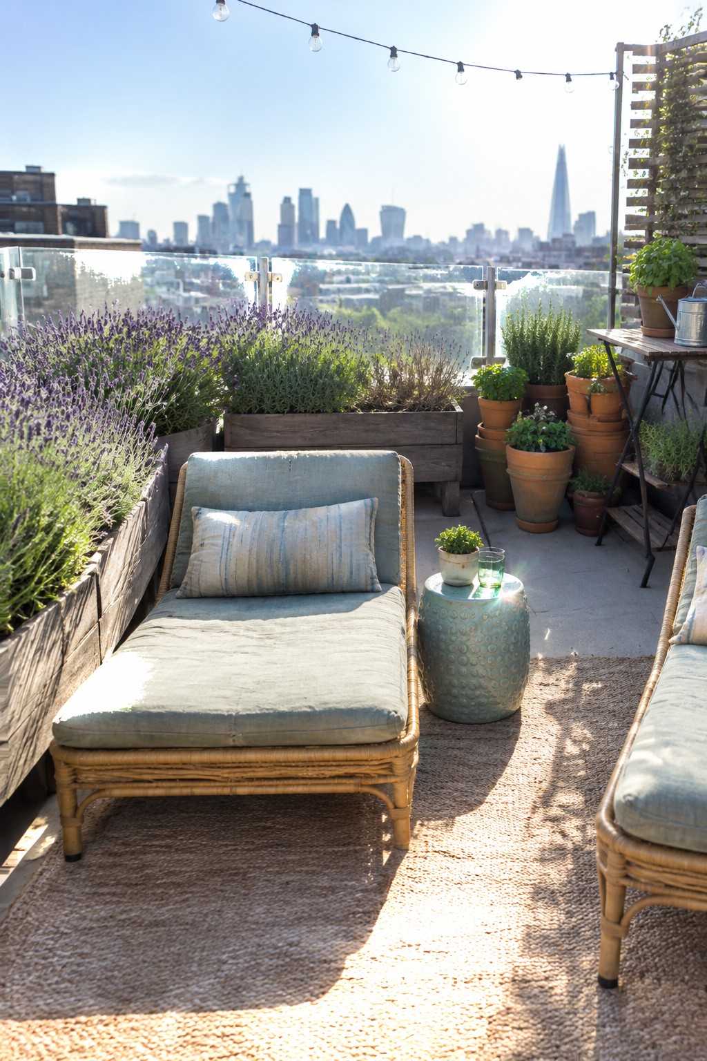 A rooftop patio has a long wooden planter filled with lavender beside wicker lounge chairs, with a city skyline in the distance.